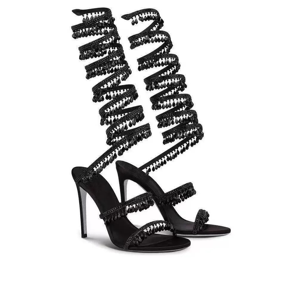 Thin high-heeled sandals summer new snake-shaped wrapped crystal pendant fringed rhinestone shoes banquet large-size women shoes