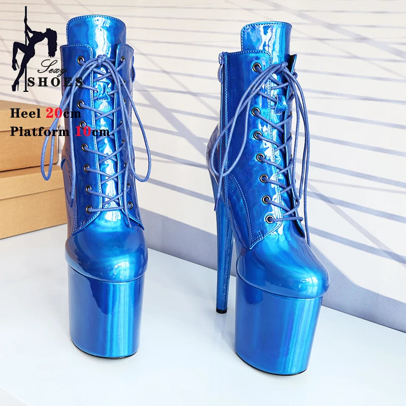 Pole Dance Stripper Women Ankle Boots Short Tube Sexy 20cm/8Inch Super High Heels Nightclub Exotic Platform Strappy Ladies Shoe