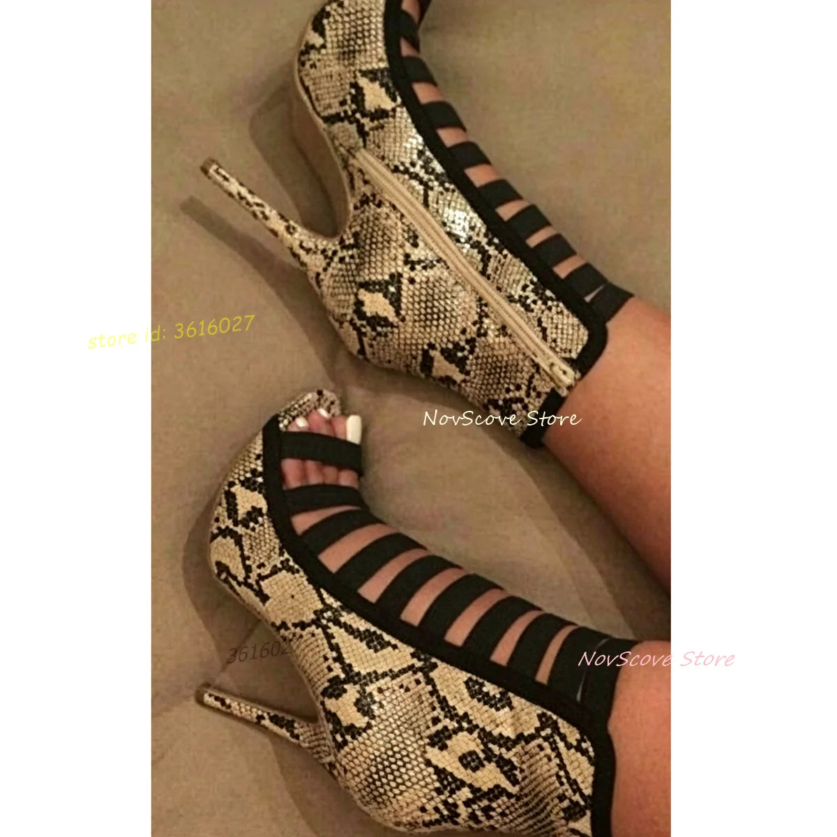 Open Toe Snake Pattern Ankle Boots Cutouts Sandals Booties Stiletto High Heels Strappy Shallow Sandals Sewing Summer Single Shoe