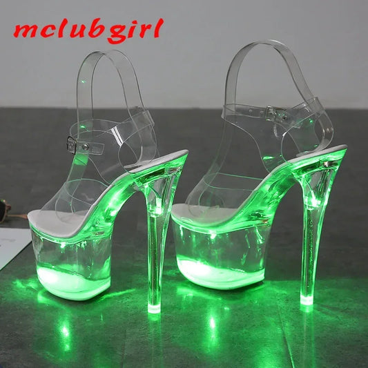 17CM Mclubgirl 34-43 New Heels Nightclub High Heels Shoes Luminous Sandals Shoes Catwalk Pole Dancing Shoes Crystal Bottom LFD