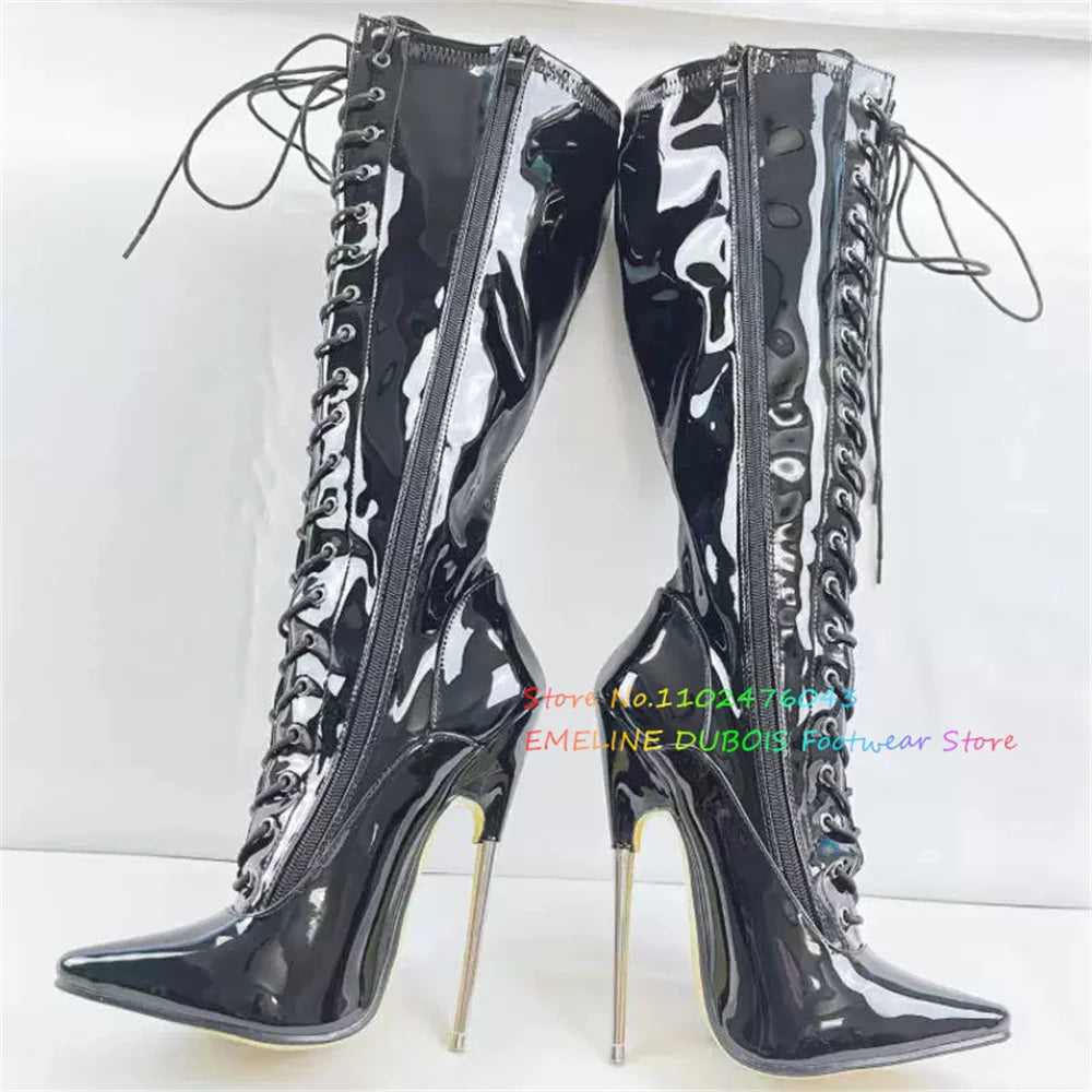18cm Heel Stiletto Women Knee High Boots Patent Leather Pole Dancing Side Zip Lace Up Metal High Heel Sexy Knee High Boot