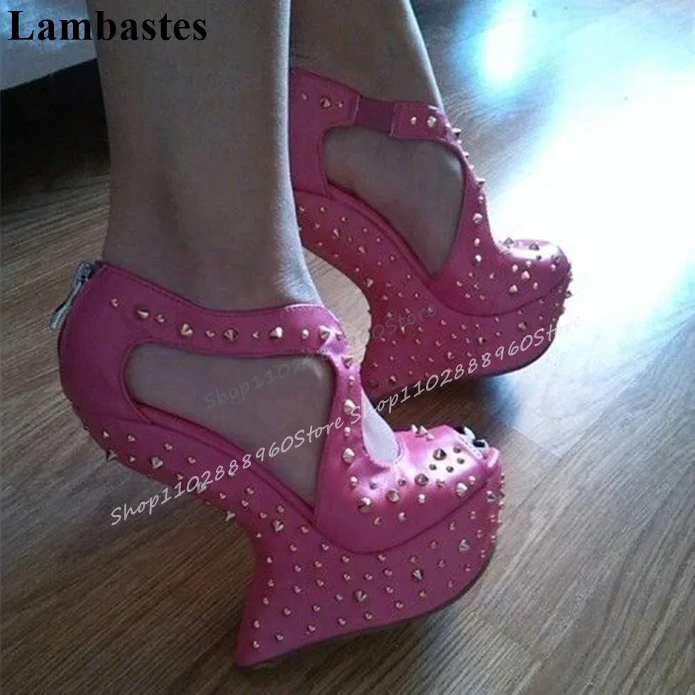 Rose Red Leather Rivet Platform Sandals Strange Style Heel Shoes For Women Back Zipper Peep Toe 2025 Fashion Zapatillas Mujer