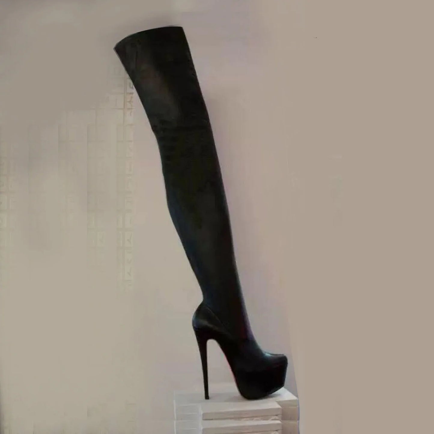 Arden Furtado 2025 Spring Platform Elastic Thigh high boots Round toe Super high heel Pull-on Skinny boots Extra large size