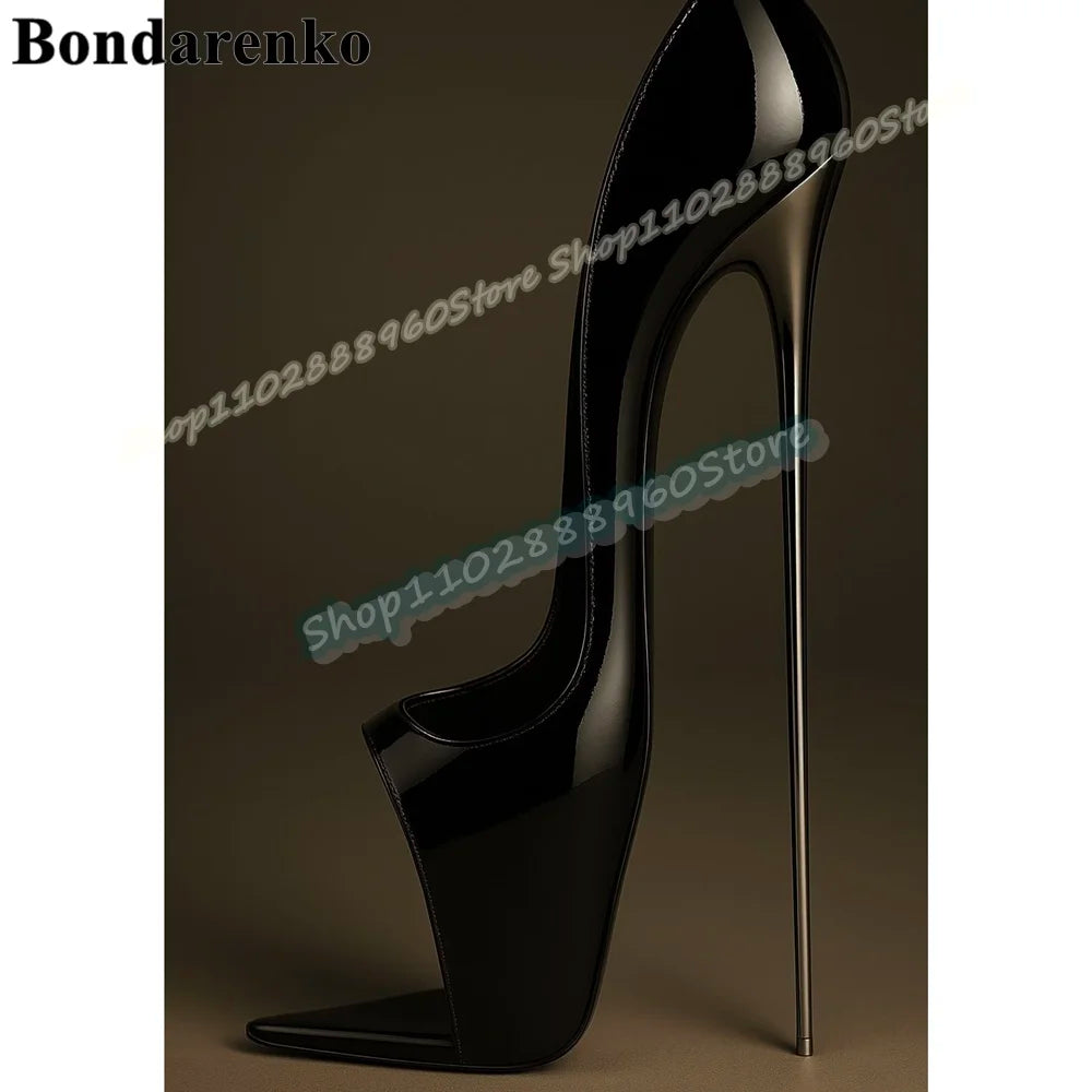 Sexy Black Glossy Leather Shallow Pumps Super High Heel Shoes For Women Slip On Peep Toe Gorgeous Banquet Zapatos Para Mujere