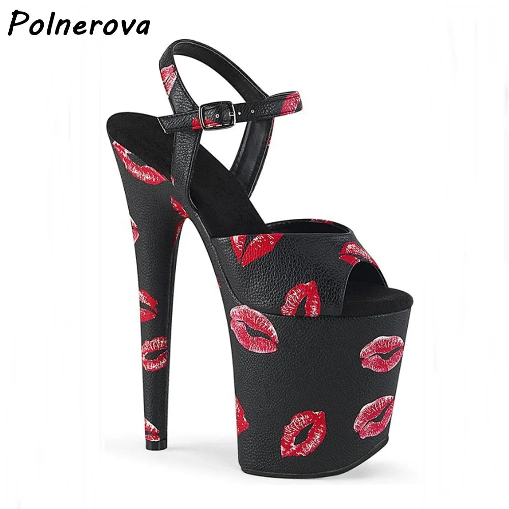 Pink Lip Print Extreme Platform sandals Stiletto Heels Women Peep Toe Ankle Strap Party Shoes summer elegant dress shoes