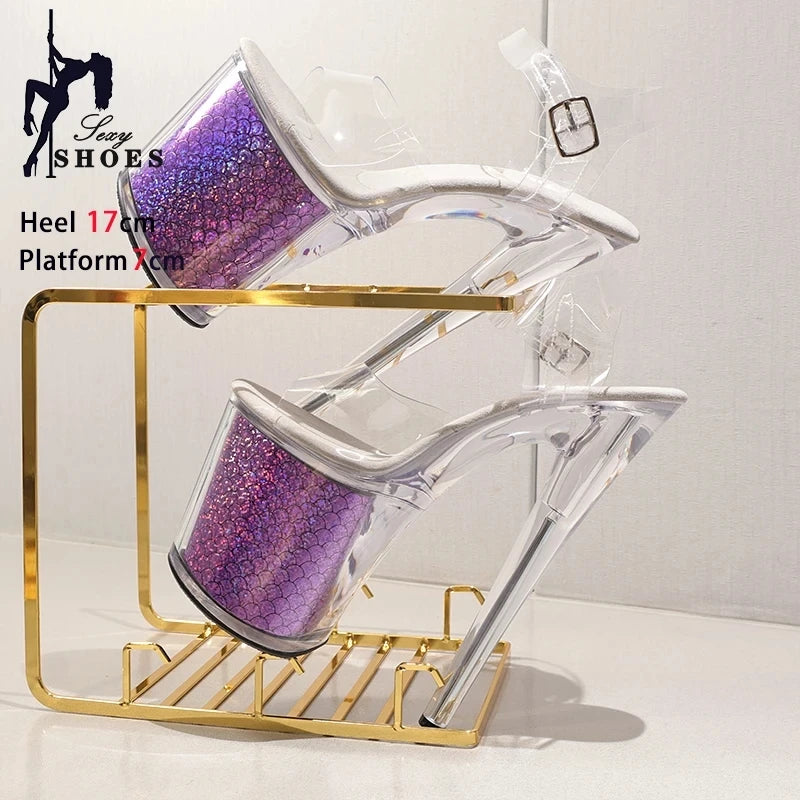 High-quality 17CM/7inches Women Sandals Stripper High Heel Shoes Transparent Platform Glitter Stiletto Pole Dance Shoes Wedding - Grande Heels