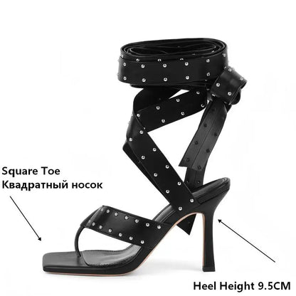 Onlymaker Square Toe Lace-Up Sexy Gladiator Thigh High Studded Wrap Straps Heels Thong Rivet Strappy Thin Heel Fashion Sandals