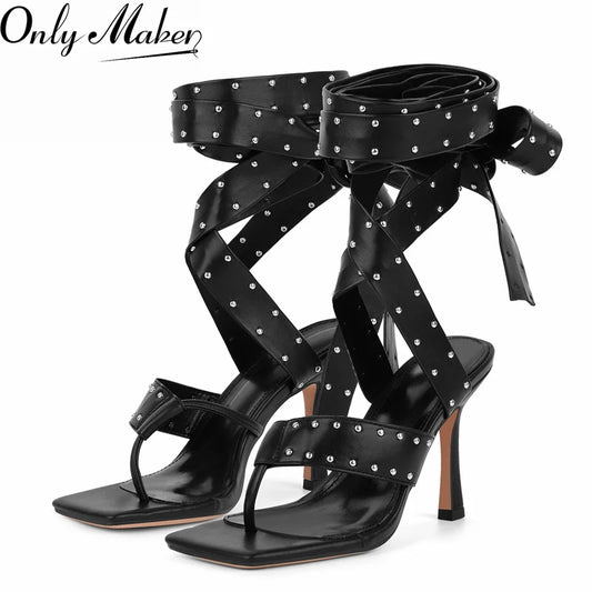 Onlymaker Square Toe Lace-Up Sexy Gladiator Thigh High Studded Wrap Straps Heels Thong Rivet Strappy Thin Heel Fashion Sandals