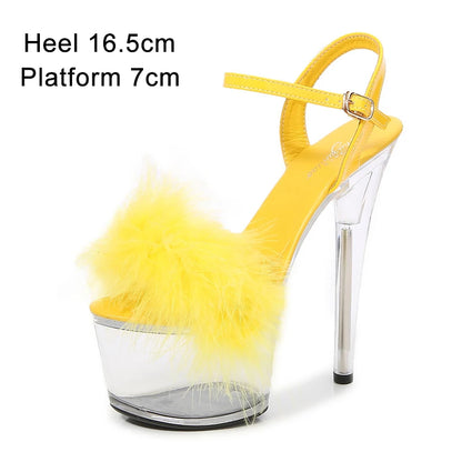 Shuzumiao 2021 Summer New Women Shoes Fur Transparent Platforms Sandals High Heels16.5CM Thin Heels Female Party Pole Dance Shoe