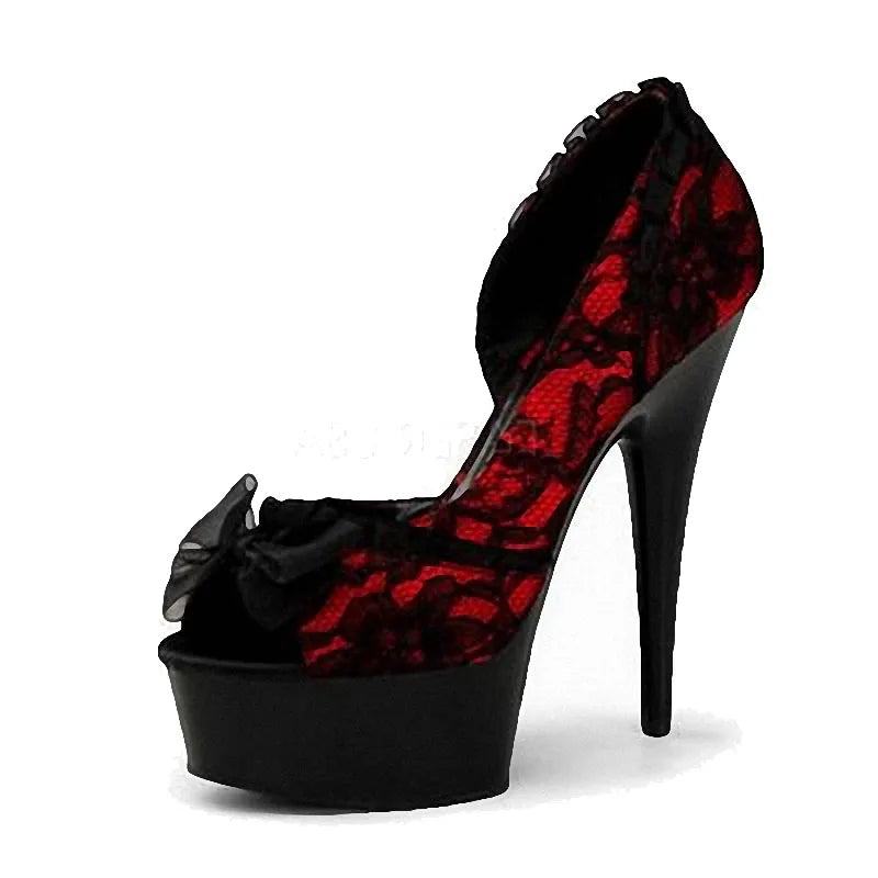 15 cm super high heels model show high heels lace elegant women's leaky toe shallow mouth pole dance high heels