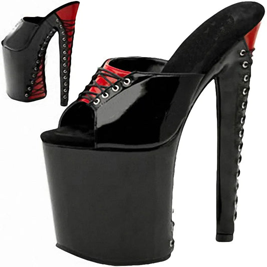 Black Thick Bottom Platform Thin Heel Lace up 20 cm Club High Heels Summer Fashion 8 Inch Women's Large Sandals