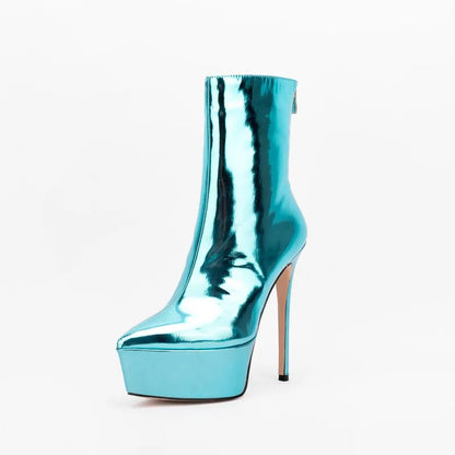 Banquet Botas Ladies Fall Winter High Heels Metallic Boots Women Thick Sole Back Zipper Pointy Toe Platform Heels Mid Calf Boots