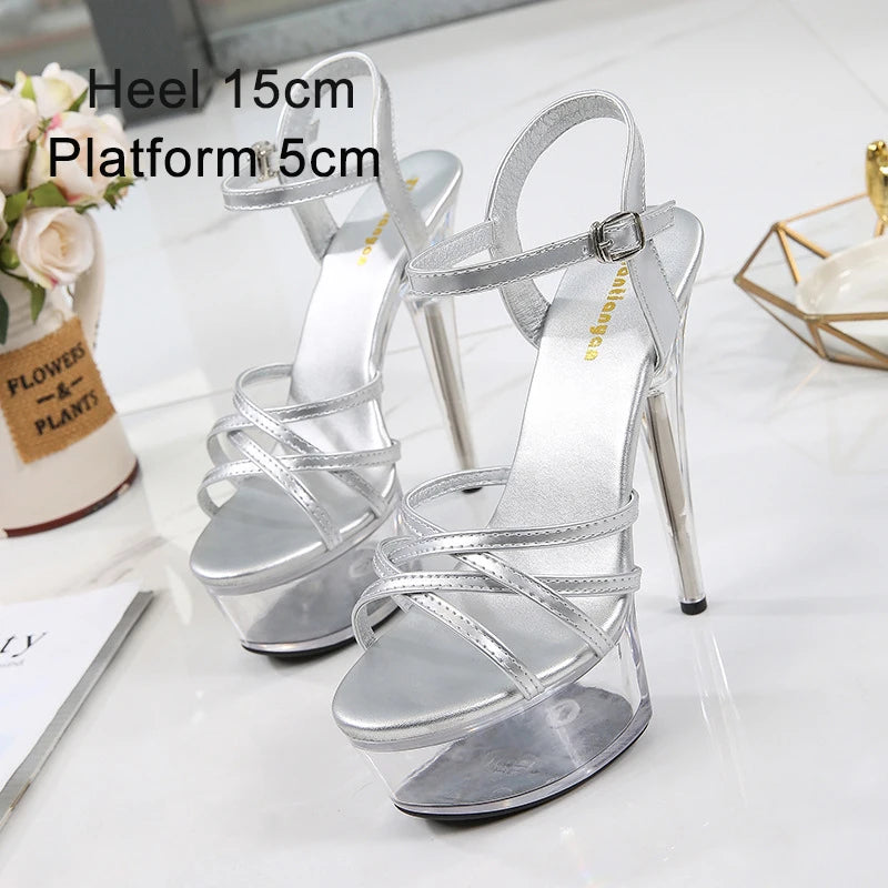 Stripper Heels Women Sandal Female Model T Station Catwalk Sexy Crystal Transparent Shoes High Heels Waterproof Head Sandals