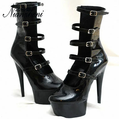 Sexy Exotic shoes Stripper 6inch High Heels Ankle Boots 15cmSuper Thin Heels Platform Pole Dance buckle Queen Motorcycle Clubbin