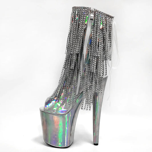 Nightclub Exotic Dancer20cm Rhinestone Fringe High Heels Peep Toe Pole Dance Shoes Platform Ankle Boots New Sexy Fetish Fashion