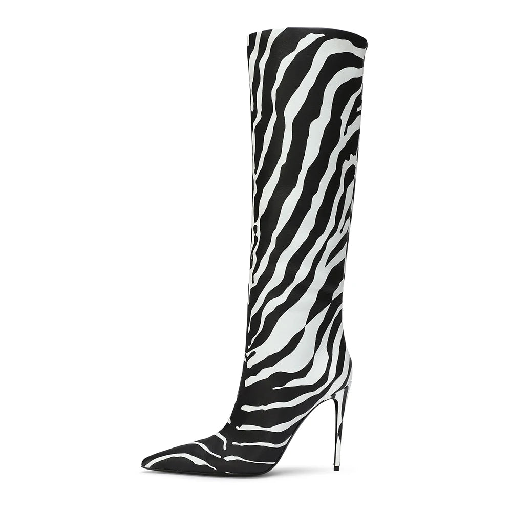 Plus Size Zebra Stiletto Heel Pointed Toe Fashion Ladies High Heels Shoes Winter Girls Knee High Leather Long Women Boots Latest