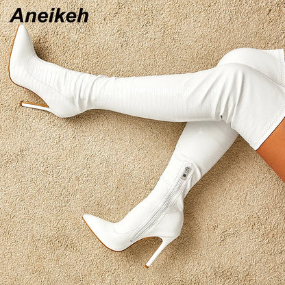 Aneikeh NEW Fashion Striped 11CM Thin Heels Ladies Boots 2026 Spring Sexy Over-the-Knee Side Zipper Slip-On Pointed Toe Shoes