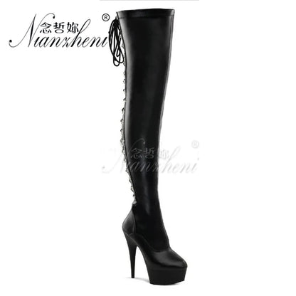 20cm Stripper High Heel Platform Sexy Shoes Over The Knee Boots Black Hollow Lace Up 8 Inch Long Pole Dance Strappy Combat Queen
