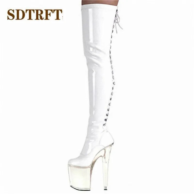 SDTRFT Fetish Botas Mujer 20cm Thin Heels Over The Knee Motorcycle Long boots Round Toe Lace Up Shoes Woman Party Dance Pumps