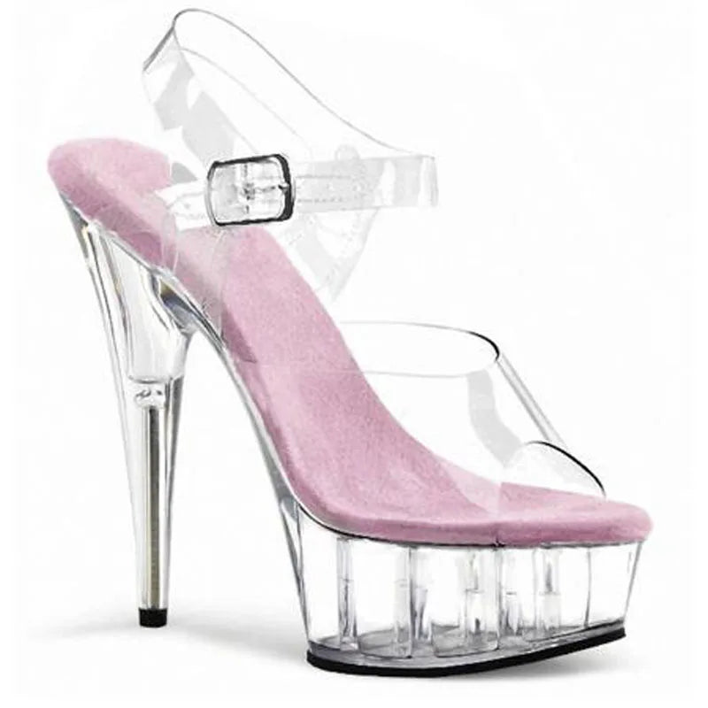 Summer Clear Crystal Nightclub Open Toe Women's Platform Sandals 15CM High Stripper Heeled Pole Dance Shoes Concise 6Inches Show