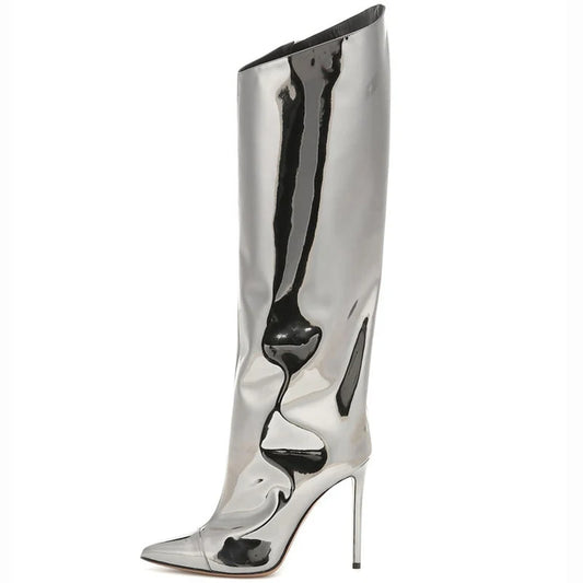 Women Patent Leather Silver Gold Pointed Toe High Heels Long Boot Knee High Boots