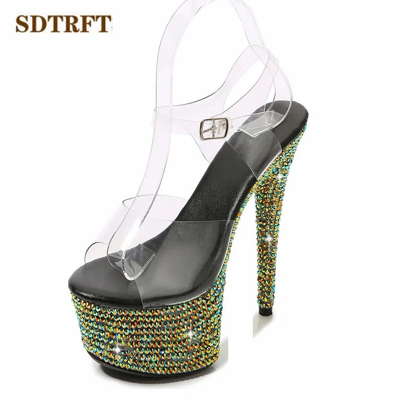 Summer Stilettos Steel Pipe Dance Shoes Women's 13cm 15cm 17cm 20cm Thin Heels Sexy Sandals Rhinestone Platforms Wedding Pumps