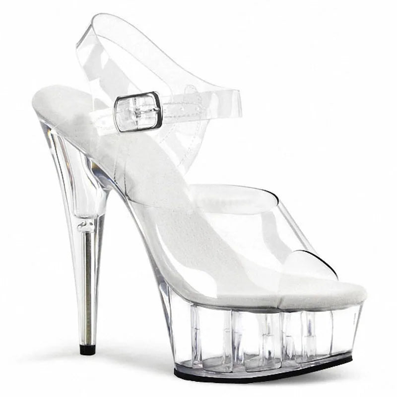Summer Clear Crystal Nightclub Open Toe Women's Platform Sandals 15CM High Stripper Heeled Pole Dance Shoes Concise 6Inches Show