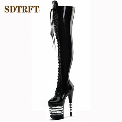 SDTRFT Fetish Botas Mujer 20cm Thin Heels Over The Knee Motorcycle Long boots Round Toe Lace Up Shoes Woman Party Dance Pumps
