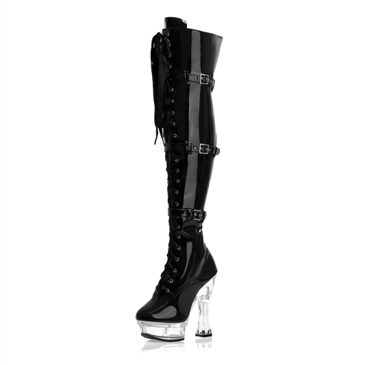 Gothic 14cm Over-the-Knee Exotic Dancer Boots Platform High Heels for Nightclub Strip Pole Dance Winter Knee Lace Belt Buckle