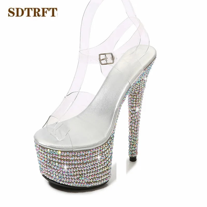 Summer Stilettos Steel Pipe Dance Shoes Women's 13cm 15cm 17cm 20cm Thin Heels Sexy Sandals Rhinestone Platforms Wedding Pumps