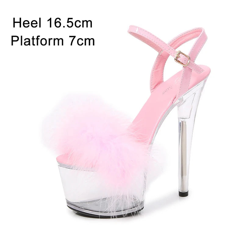Shuzumiao 2021 Summer New Women Shoes Fur Transparent Platforms Sandals High Heels16.5CM Thin Heels Female Party Pole Dance Shoe