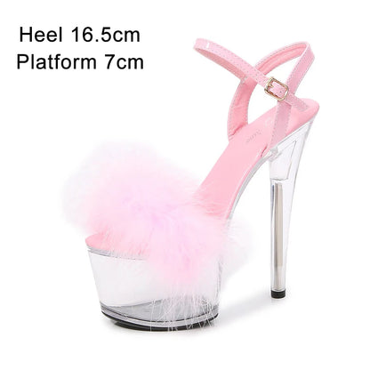 Shuzumiao 2021 Summer New Women Shoes Fur Transparent Platforms Sandals High Heels16.5CM Thin Heels Female Party Pole Dance Shoe