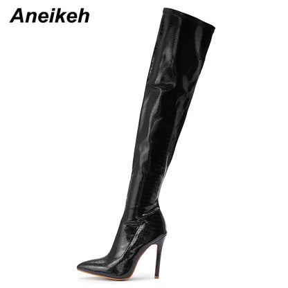 Aneikeh NEW Fashion Striped 11CM Thin Heels Ladies Boots 2026 Spring Sexy Over-the-Knee Side Zipper Slip-On Pointed Toe Shoes