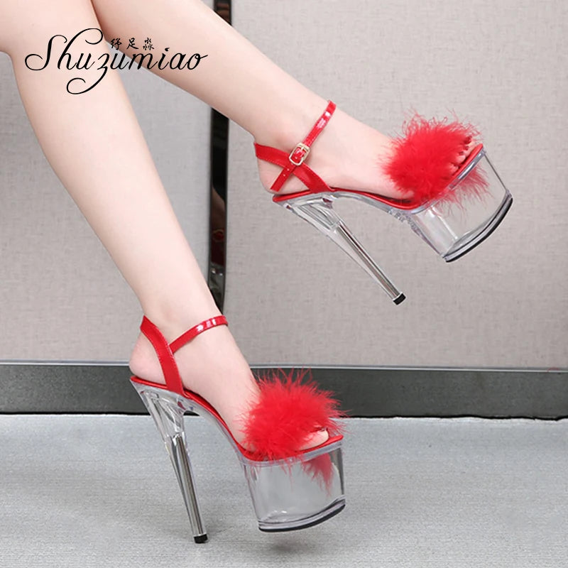Shuzumiao 2021 Summer New Women Shoes Fur Transparent Platforms Sandals High Heels16.5CM Thin Heels Female Party Pole Dance Shoe