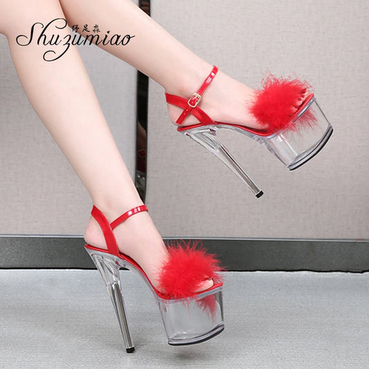 Shuzumiao 2021 Summer New Women Shoes Fur Transparent Platforms Sandals High Heels16.5CM Thin Heels Female Party Pole Dance Shoe