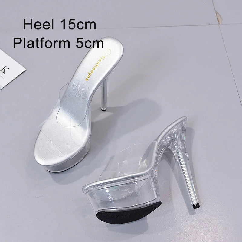 Stripper Heels Women Sandal Female Model T Station Catwalk Sexy Crystal Transparent Shoes High Heels Waterproof Head Sandals