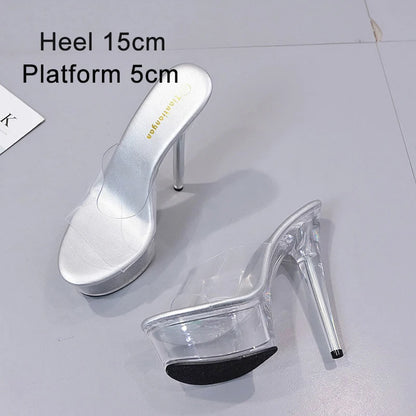 Stripper Heels Women Sandal Female Model T Station Catwalk Sexy Crystal Transparent Shoes High Heels Waterproof Head Sandals