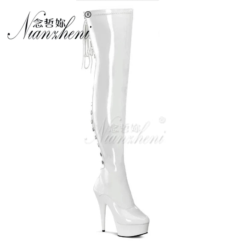 20cm Stripper High Heel Platform Sexy Shoes Over The Knee Boots Black Hollow Lace Up 8 Inch Long Pole Dance Strappy Combat Queen