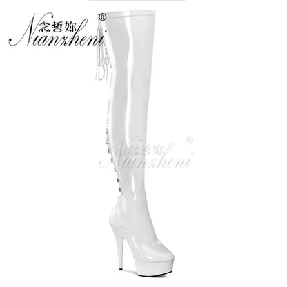 20cm Stripper High Heel Platform Sexy Shoes Over The Knee Boots Black Hollow Lace Up 8 Inch Long Pole Dance Strappy Combat Queen