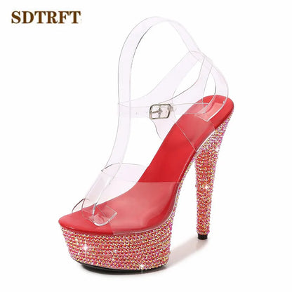 Summer Stilettos Steel Pipe Dance Shoes Women's 13cm 15cm 17cm 20cm Thin Heels Sexy Sandals Rhinestone Platforms Wedding Pumps