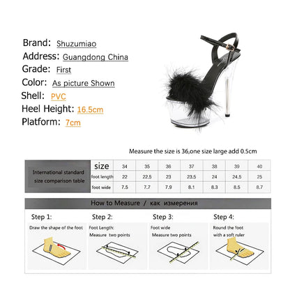 Shuzumiao 2021 Summer New Women Shoes Fur Transparent Platforms Sandals High Heels16.5CM Thin Heels Female Party Pole Dance Shoe