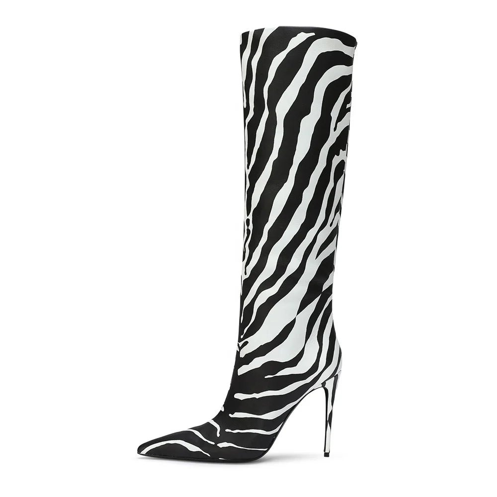 Plus Size Zebra Stiletto Heel Pointed Toe Fashion Ladies High Heels Shoes Winter Girls Knee High Leather Long Women Boots Latest