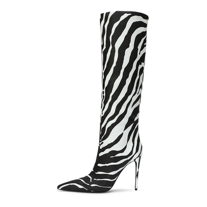 Plus Size Zebra Stiletto Heel Pointed Toe Fashion Ladies High Heels Shoes Winter Girls Knee High Leather Long Women Boots Latest