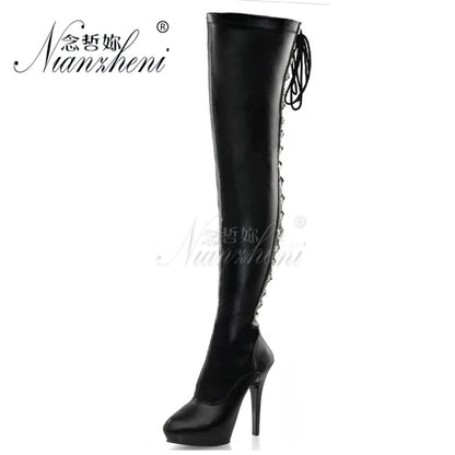 20cm Stripper High Heel Platform Sexy Shoes Over The Knee Boots Black Hollow Lace Up 8 Inch Long Pole Dance Strappy Combat Queen