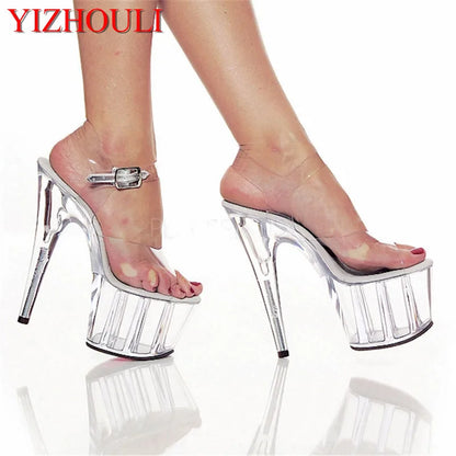 Full transparent crystal 15-17cm high heel pole dancing/star/model shoes, summer banquet stage sandals