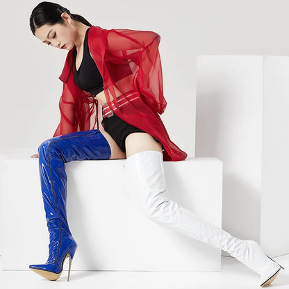 jialuowei Crotch Boots with Stiletto Heels Women Winter Boots Patent Leather Black Stretch Thigh High Boots Plus Size