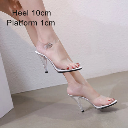 Stripper Heels Women Sandal Female Model T Station Catwalk Sexy Crystal Transparent Shoes High Heels Waterproof Head Sandals