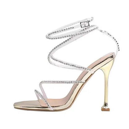 Women's High Heels Strappy Wrapped Rhinestone Sandals Fashion Slim Summer Wedding Evening Dance Dress Height Increasing