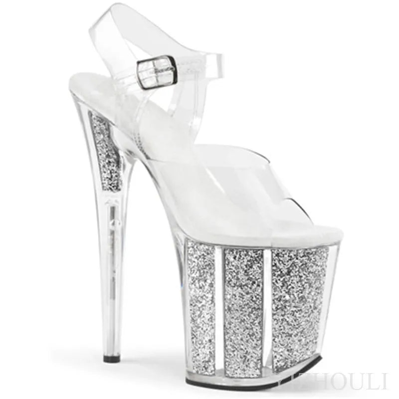 20 cm sexy transparent platform sequined decoration, 8 inch stiletto banquet nightclub shoes/pole dancing model sandals