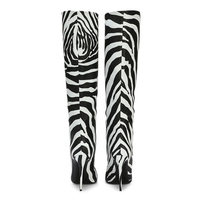 Plus Size Zebra Stiletto Heel Pointed Toe Fashion Ladies High Heels Shoes Winter Girls Knee High Leather Long Women Boots Latest